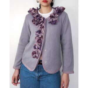 Vintage flower trim v neck wool knit sweater cardigan pale purple(lilac)